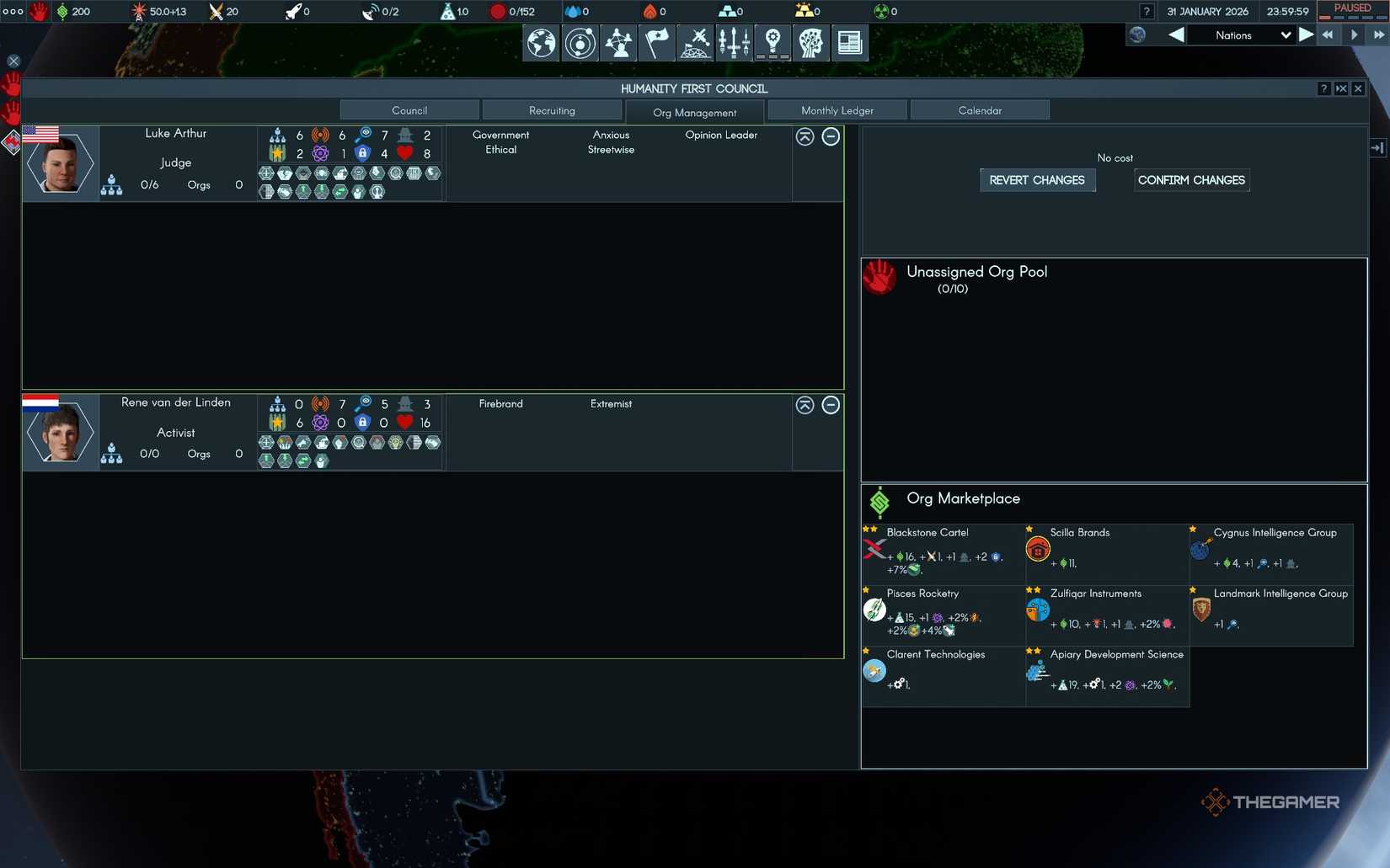 Buying orgs for the Humanity First faction in Terra Invicta.