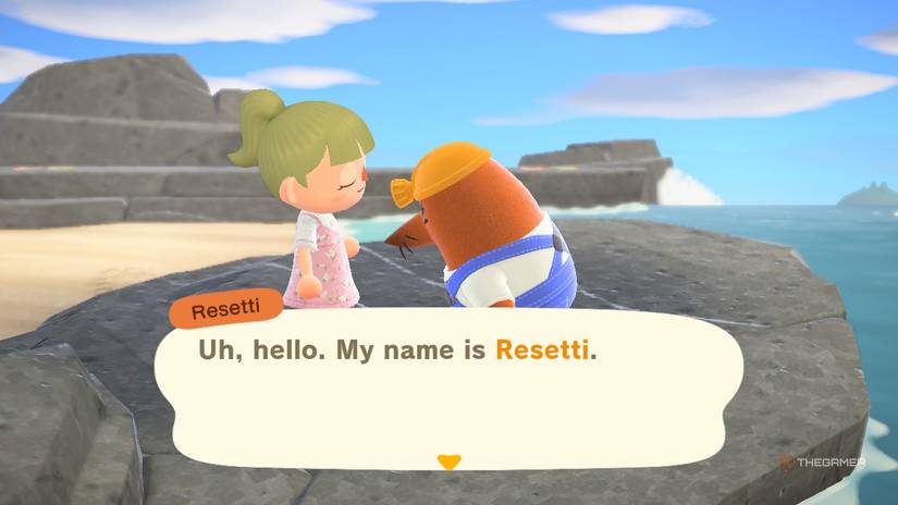 Character in Animal Crossing New Horizons talking with Resetti.