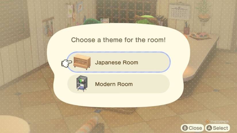 Theme selection for Hotel Resort room in Animal Crossing New Horizons in update 3.0.