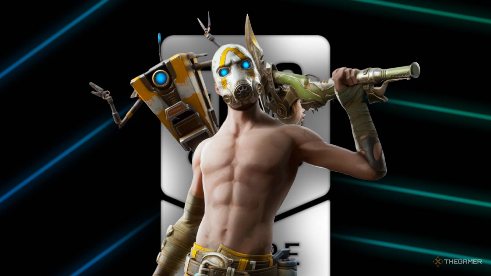 Clap-Trap and Psycho Fortnite skins in front of the Epic Games Store.