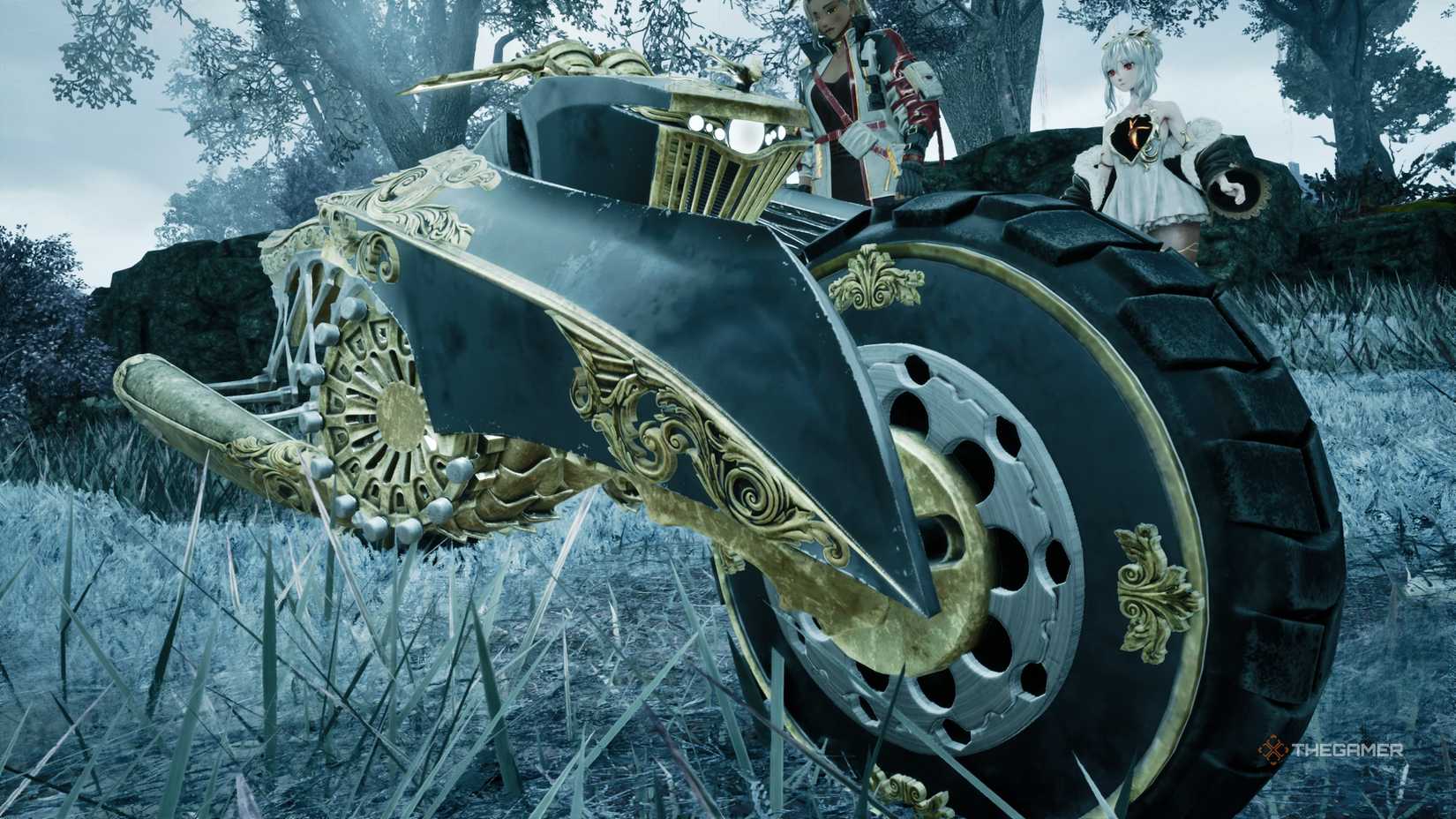 The player and Lou look at the motorcycle from the side in Code Vein 2.