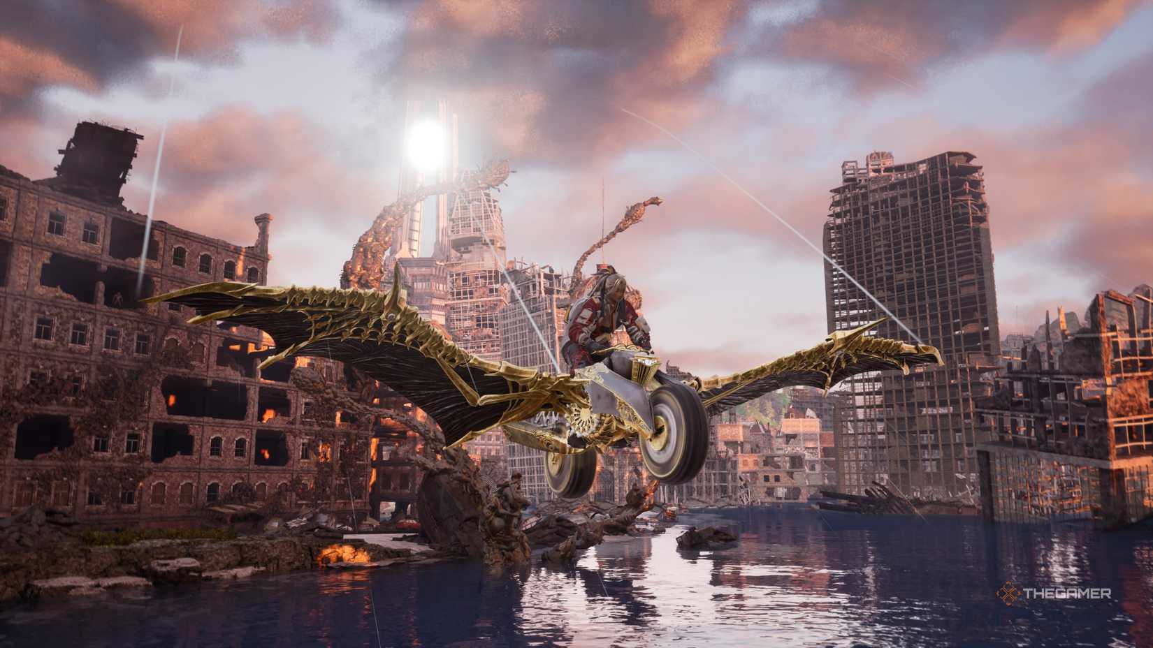 The motorcycle flies over water in the sunken city in Code Vein 2.