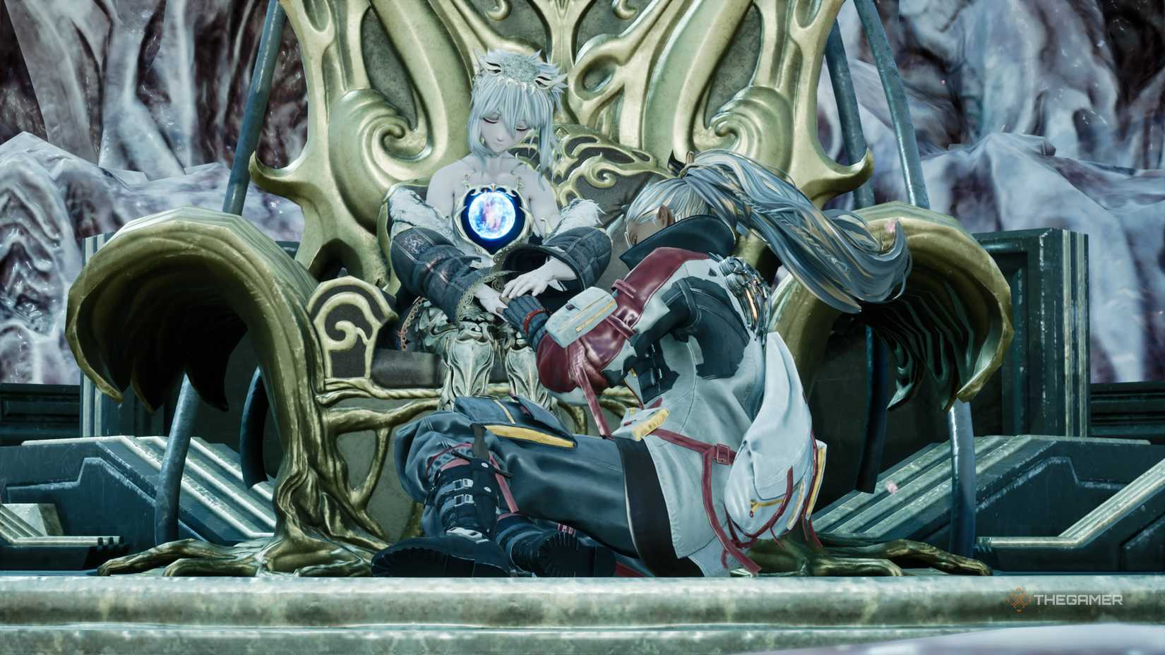 The player and Lou sleep together on a throne in Code Vein 2