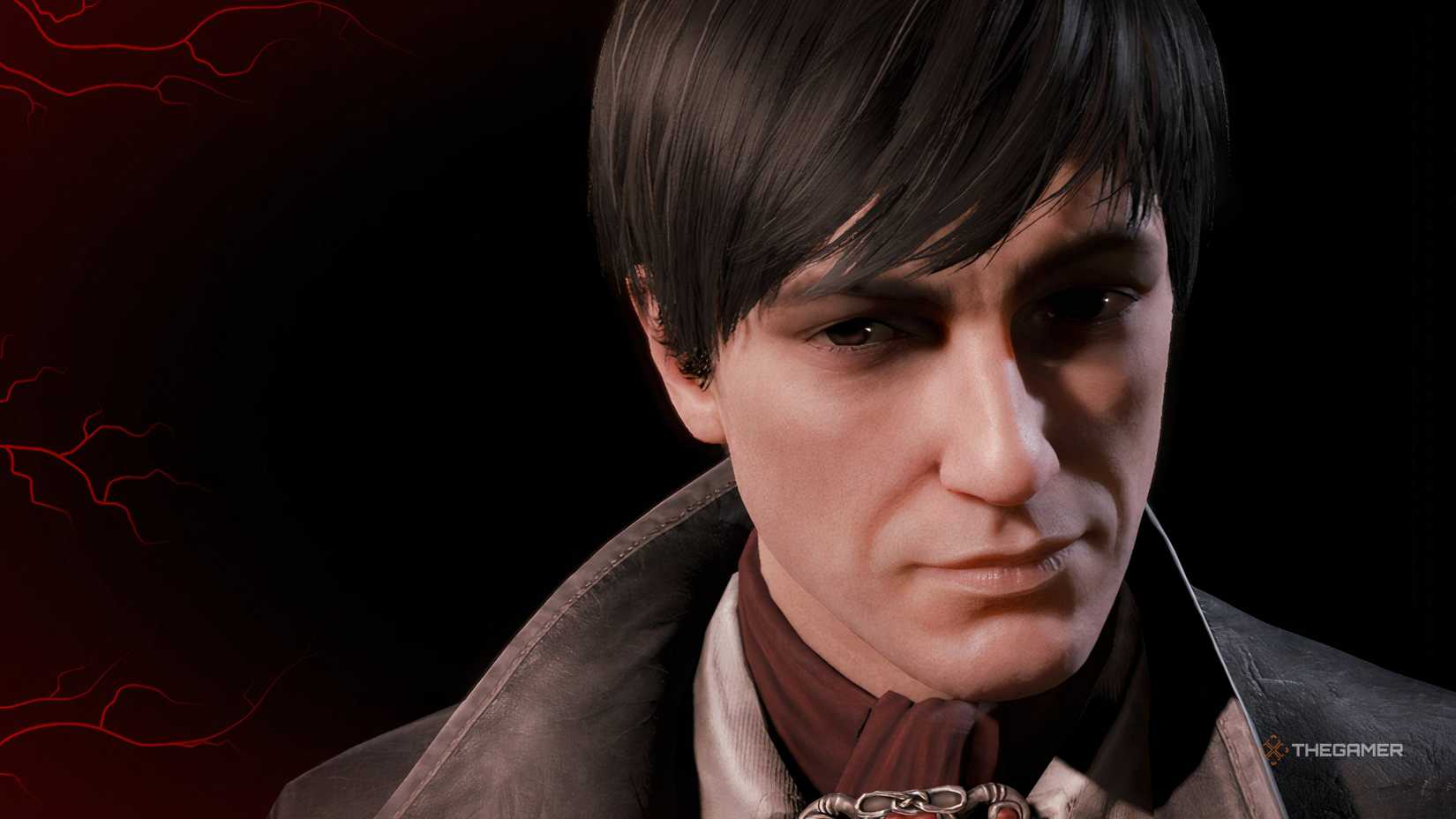 Daniil's face with a close-up during dialogue, with mania-derived arteries on the left side of the screen in Pathologic 3.