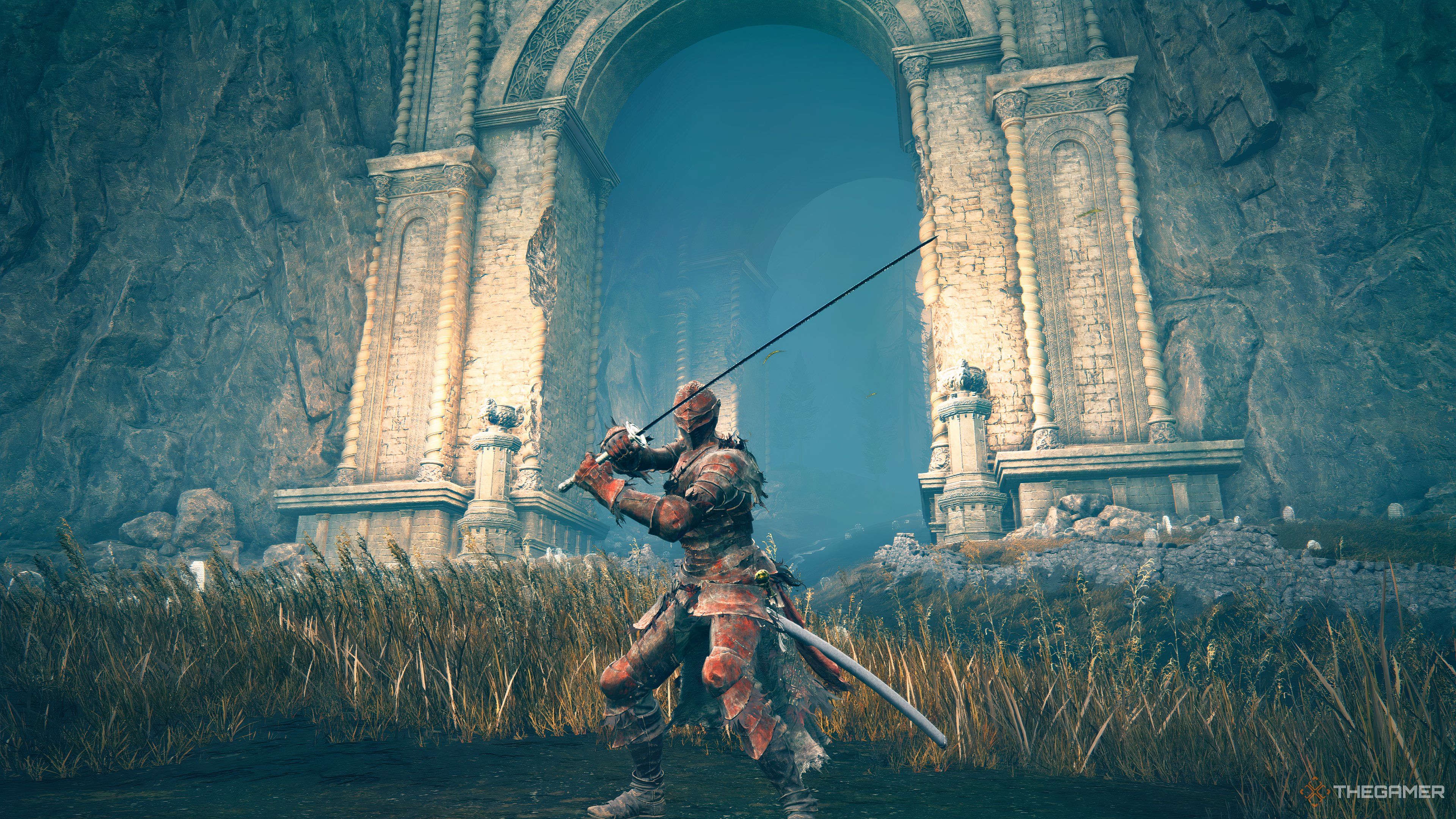 The main character holding Moonveil in Elden Ring's Shadow of the Erdtree DLC.