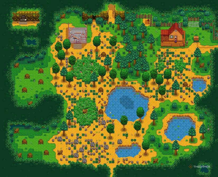 A screenshot of Forest Farm in Stardew Valley.