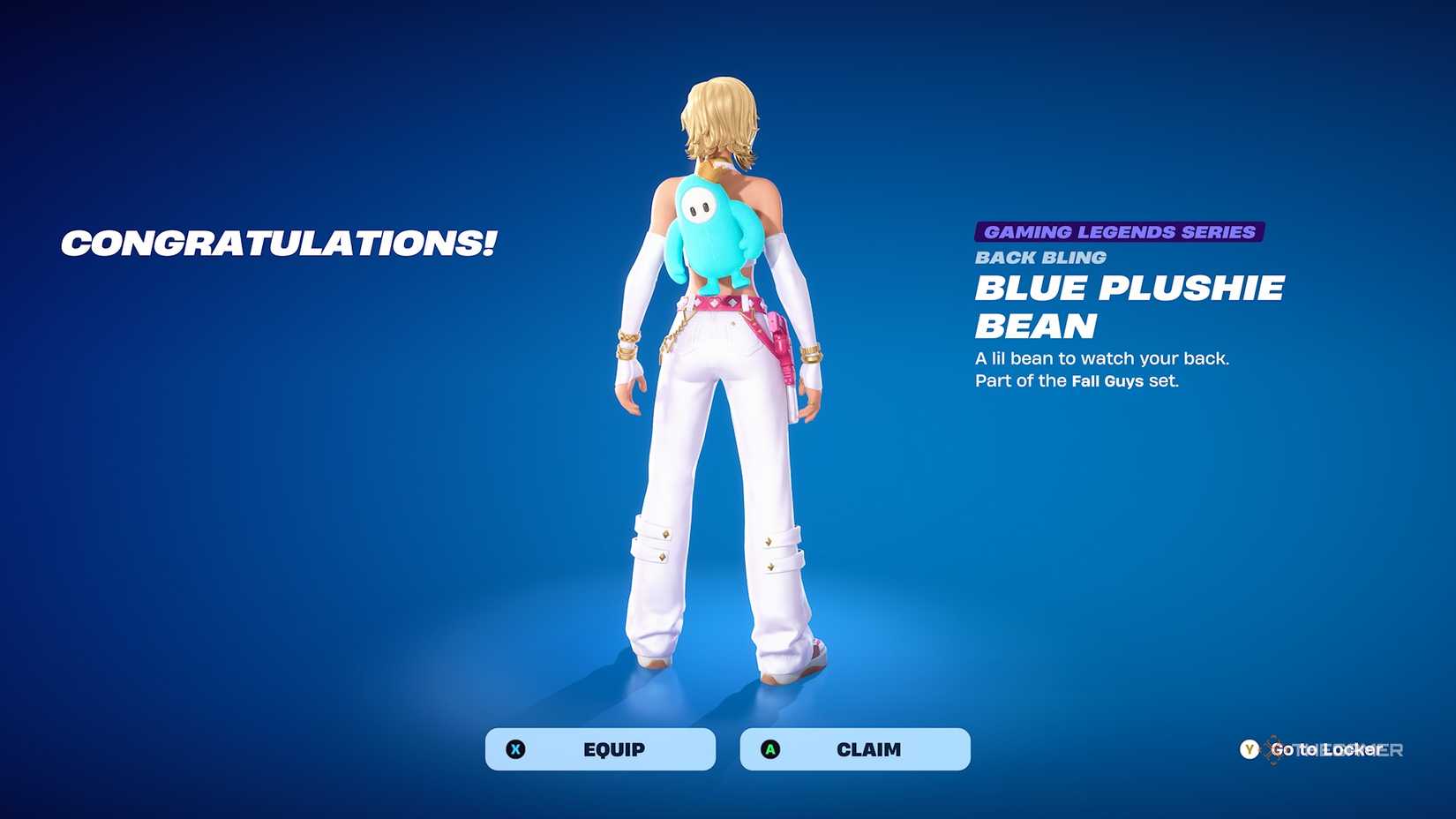 Fortnite Fall Guys Crown Jam bean plushie back bling in character.