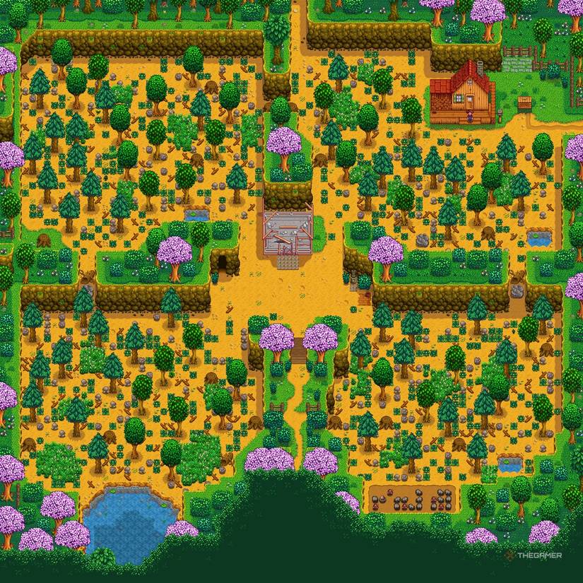 A screenshot of the Four Corners Farm type in Stardew Valley.