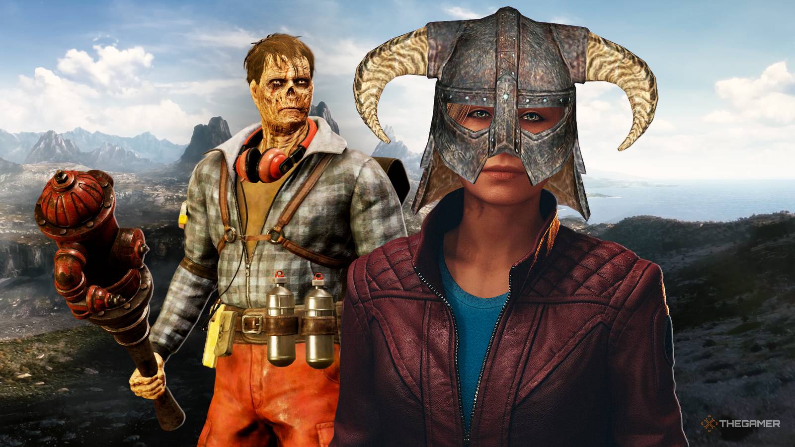 Ghoul holding a fire hydrant and Starfield character in a Skyrim iron helmet over The Elder Scrolls 6 teaser.