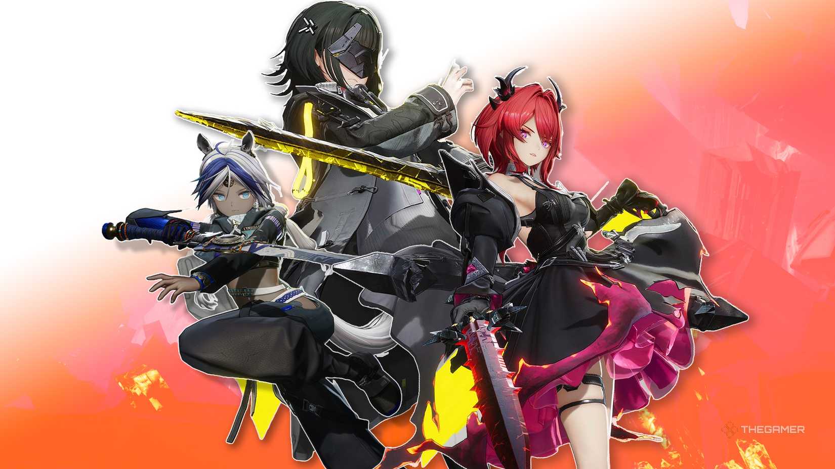 Arknights Endfield, Endministrator, Laevatain and Arclight, posing against an orange and white background.