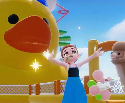 Heartopia A girl cheering next to a llama and a giant rubber duck on the beach.