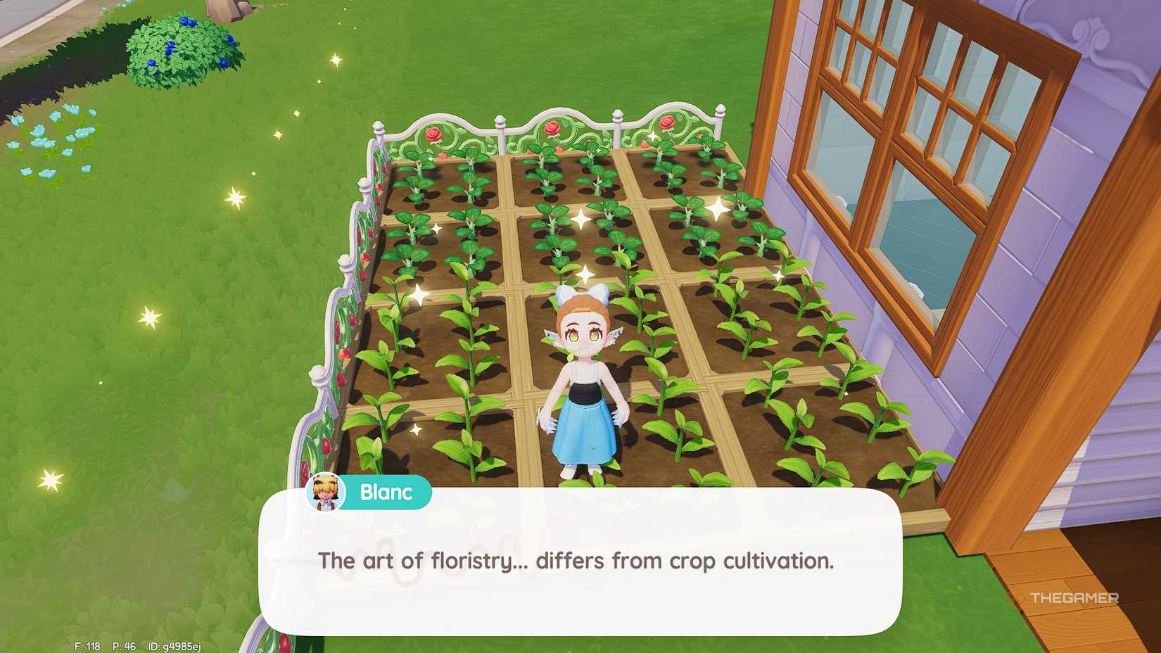 Heartopia Blanc talking about flowers while standing in a garden.