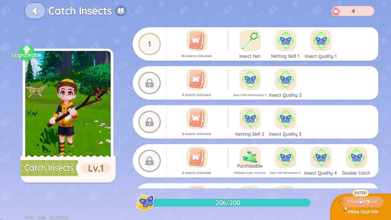 Heartopia Bug Catching skill menu.