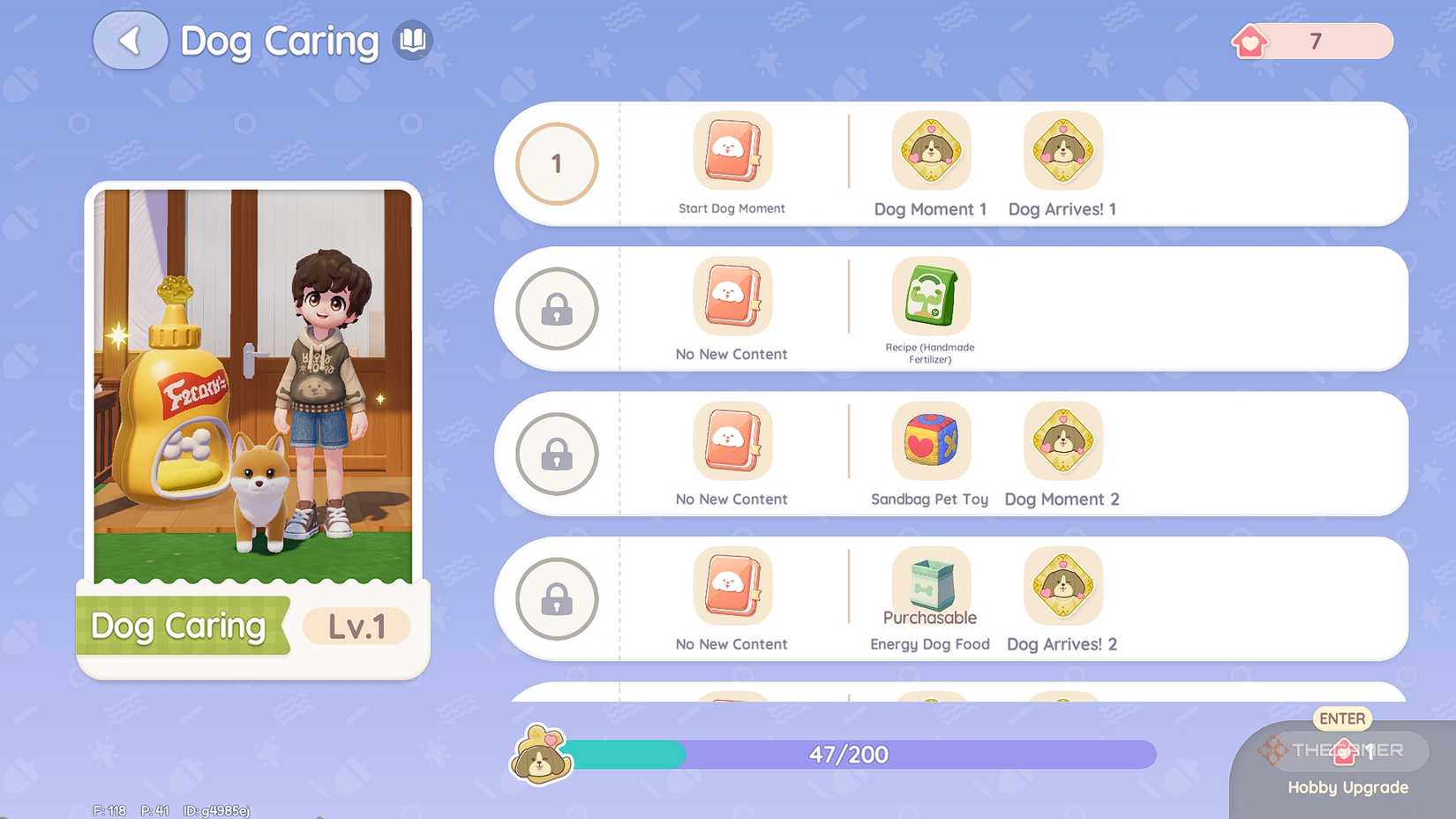 Heartopia Dog Caring skill level menu.