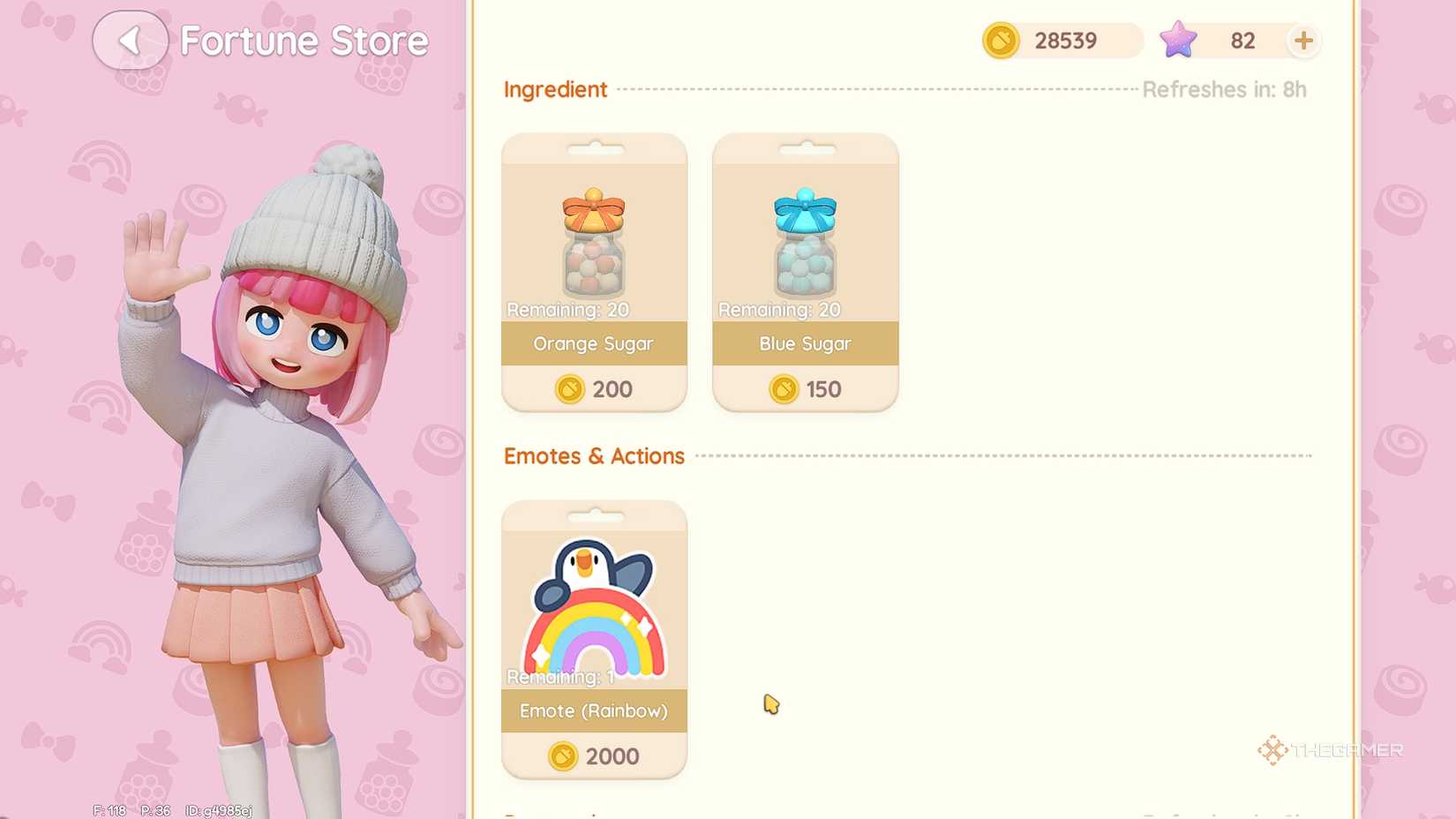 Heartopia Doris Rainbow Fortune Store with sugar and emotes.