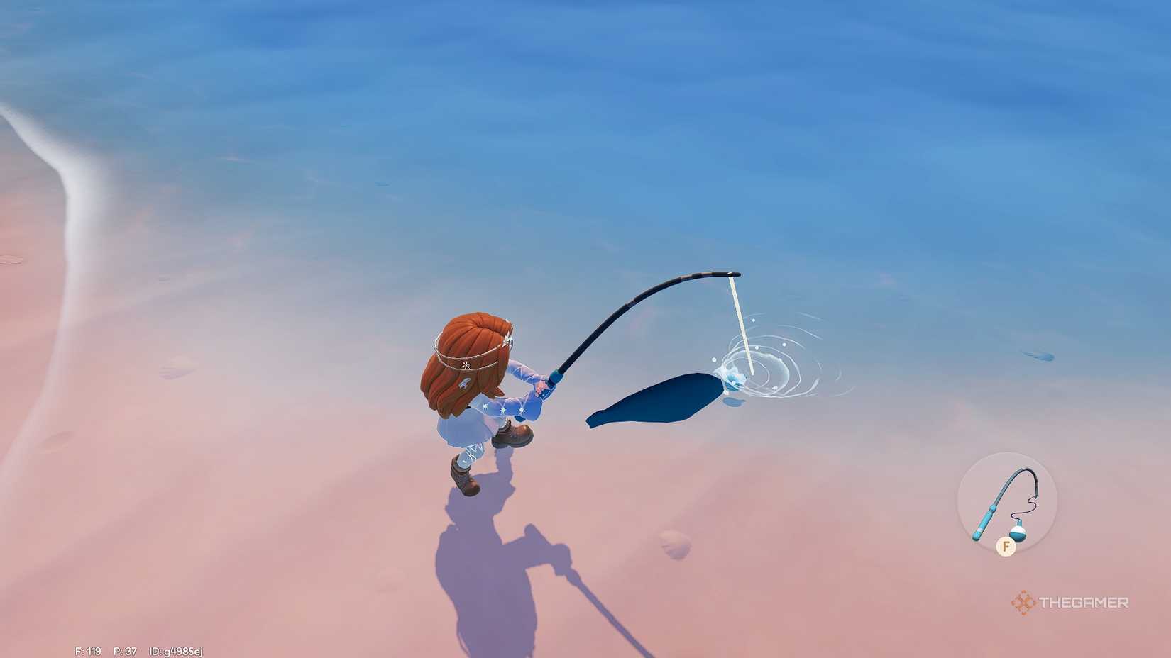 Heartopia Roll in a fish on the beach.