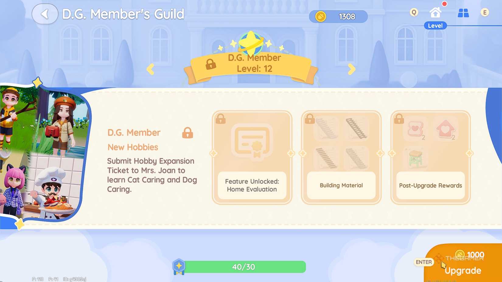 Heartopia Unlocking pet care skills from the DG Upgrade menu.