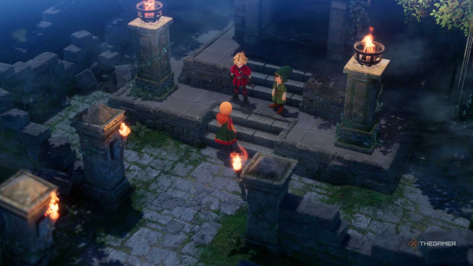 Hero, Kiefer and Maribel talk outside the shrine in Dragon Quest 7 Reimagined.