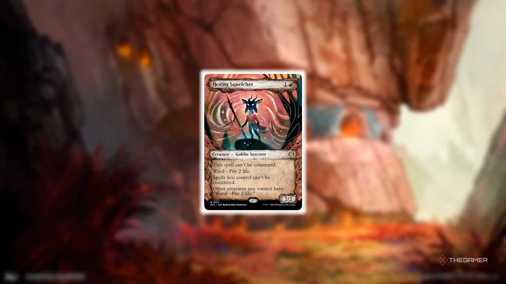 Hexing Squelcher card art from MTG Lorwyn Eclipsed against a mountain.