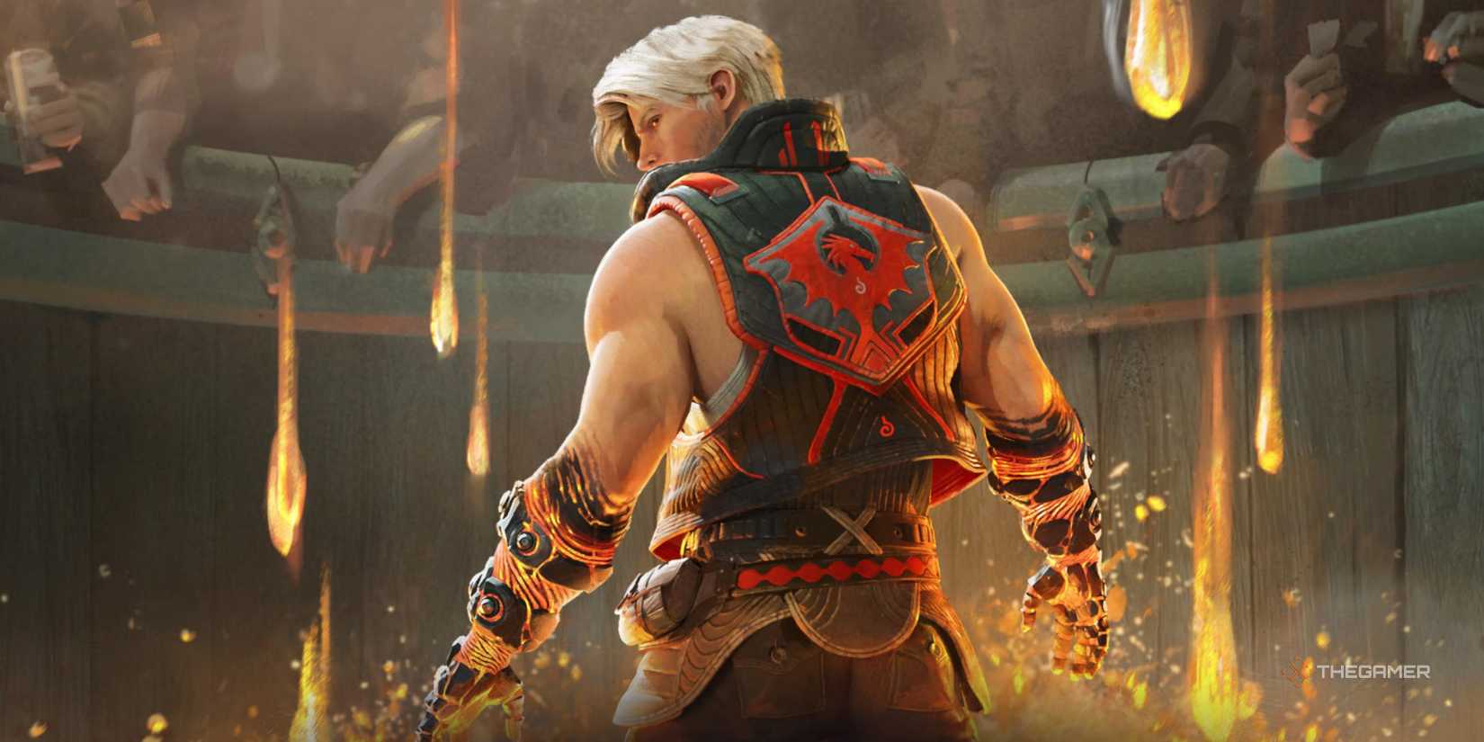 Slade watches you from his back as fireballs fall from the sky in Highguard.