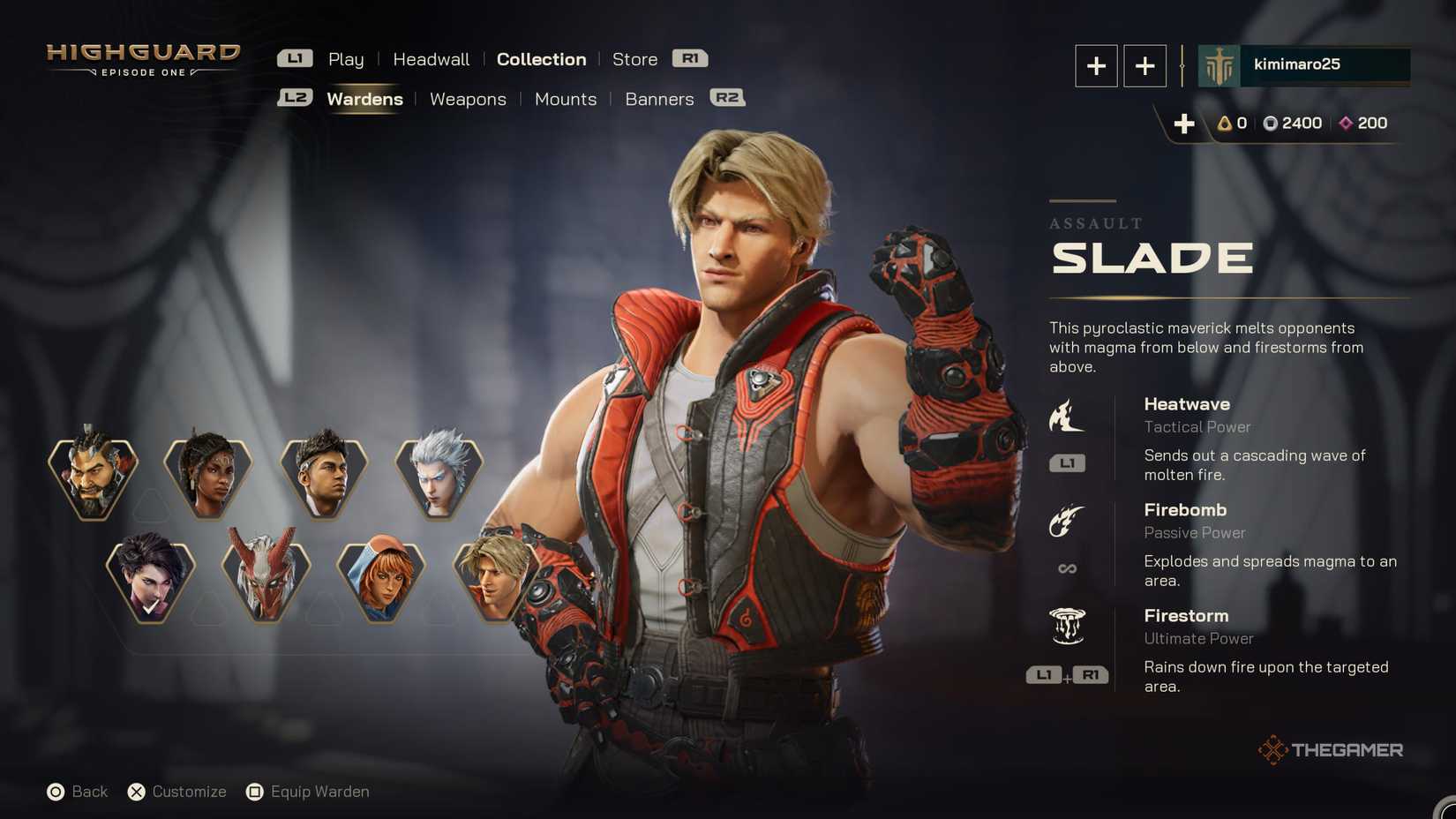 The character selection screen showing Slade in Highguard.