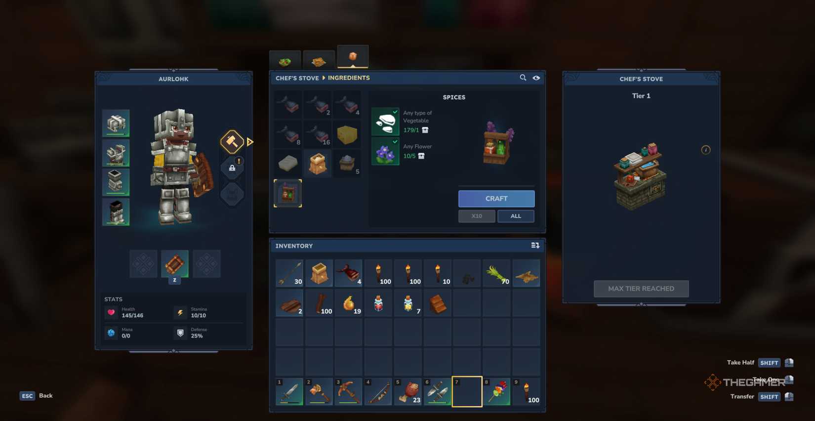 A crafting menu for the cookstove displaying several recipes from the Ingredients tab in Hytale.