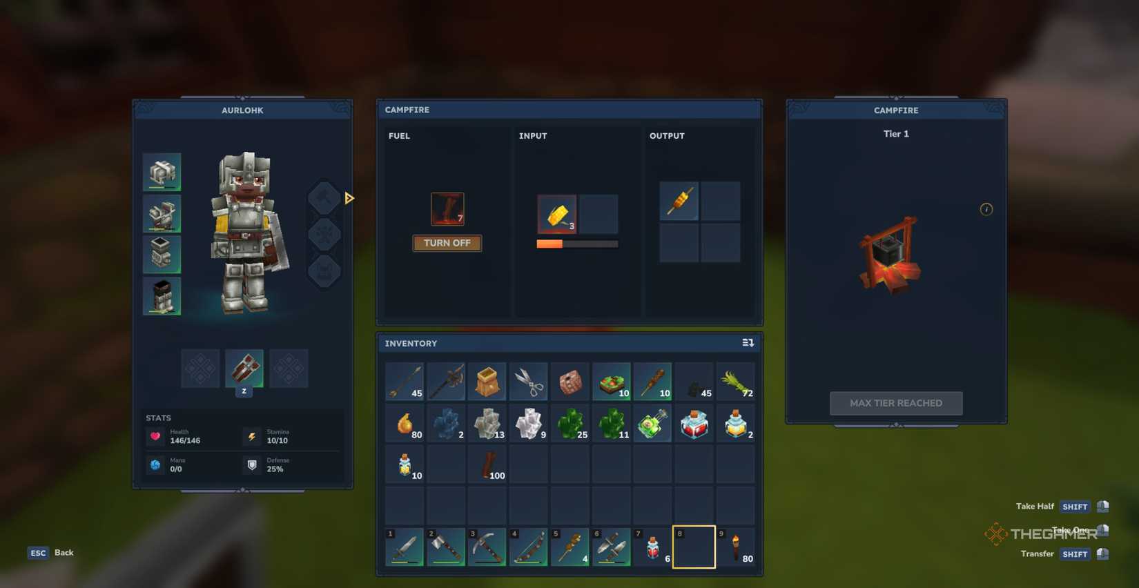 The player character uses a campfire to cook corn and turn it into roasted vegetables in Hytale.