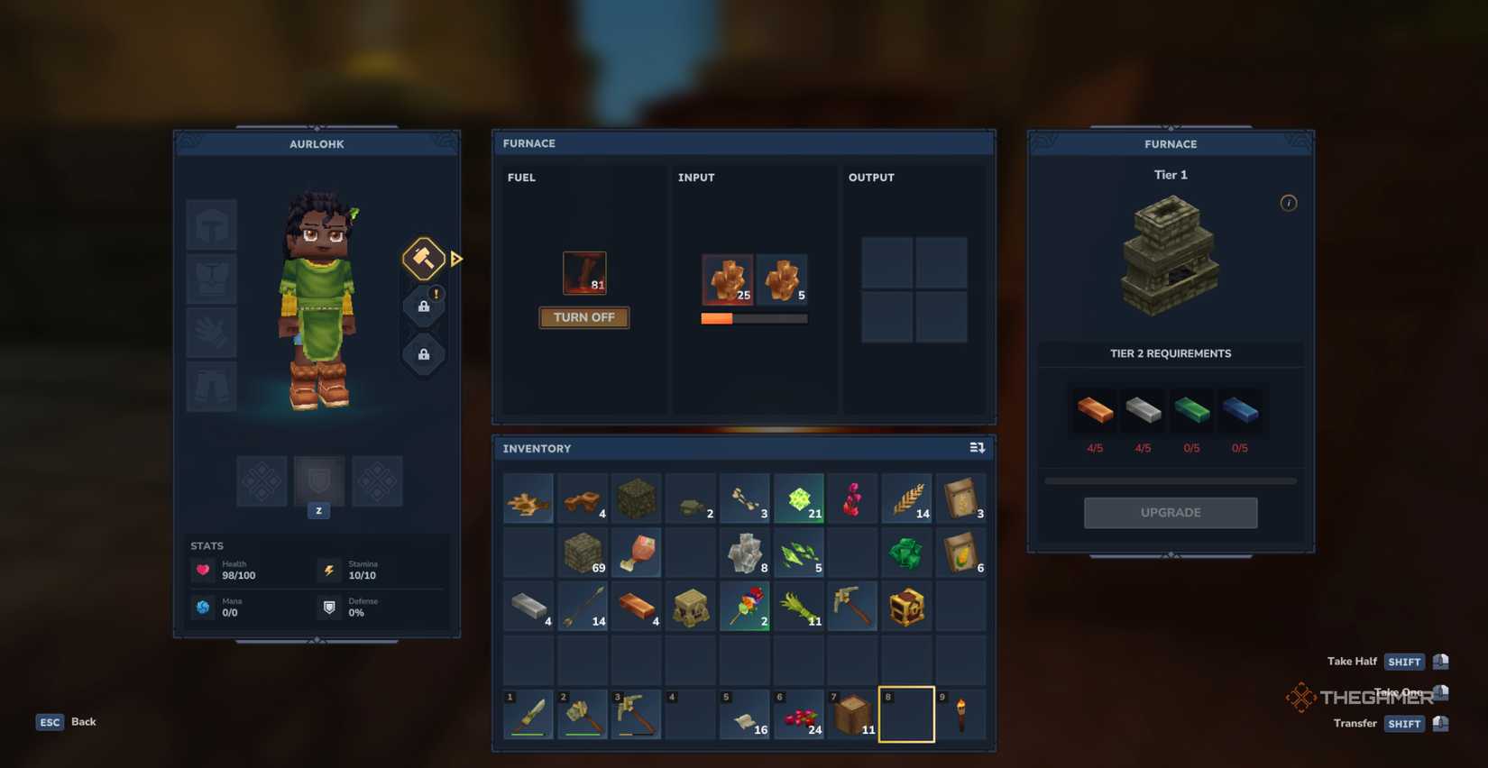 Player character in the Furnace menu and using Sticks to smelt Copper Ore into Copper Ingots in Hytale.