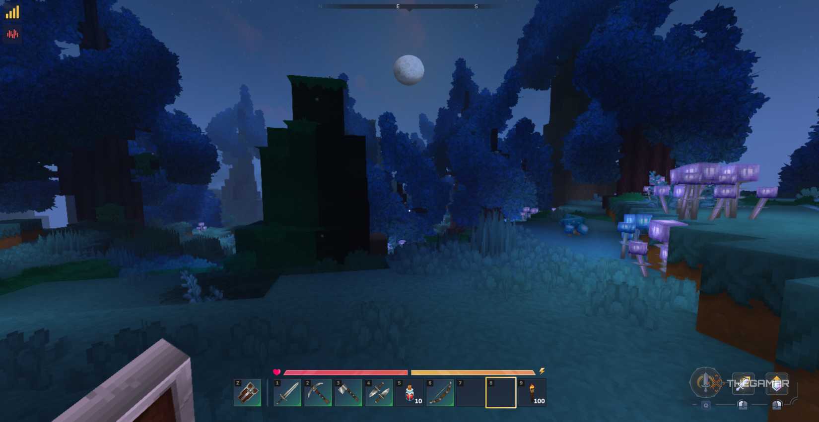 Player character exploring the Azure Forest at night, which has blue trees and glowing mushrooms, in Hytale.