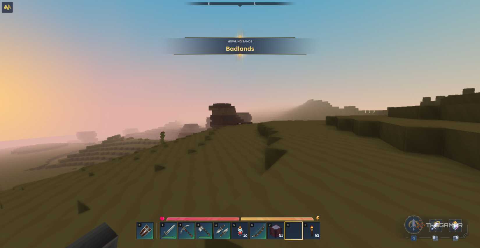 Player character entering the Badlands biome for the first time and a banner saying the biome's name appears on the screen in Hytale.
