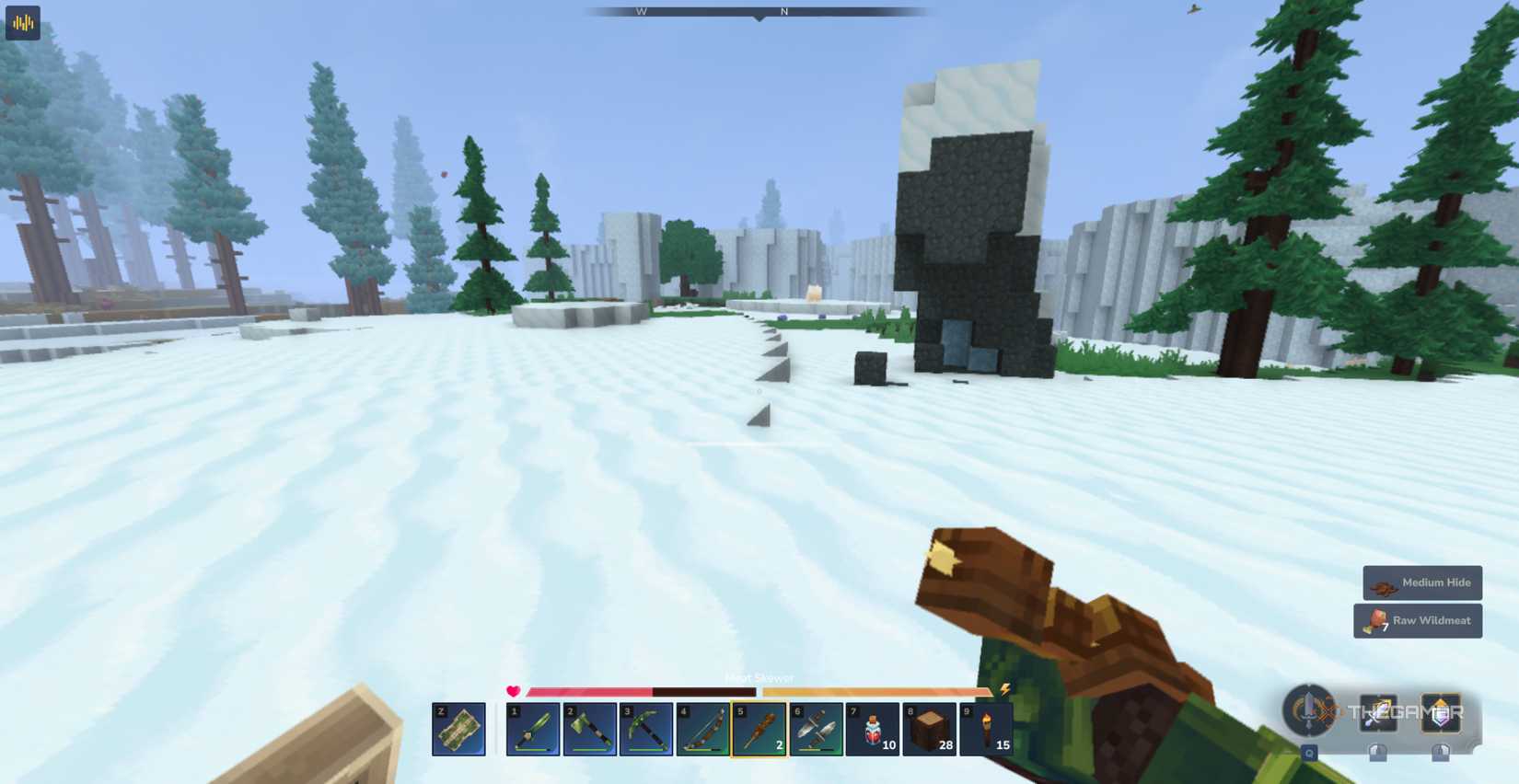 Player character eating a Meat Skewer while exploring the Boreal Reach and nearing the Everfrost biome in the distance in Hytale.
