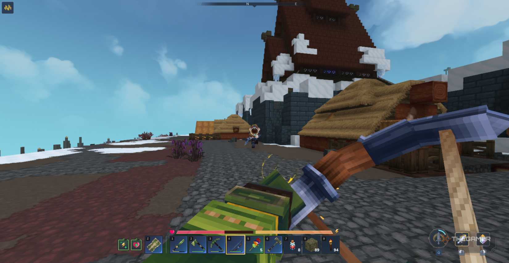 Player character drawing an Outlander bow at an approaching Outlander Berserker in Zone Three in Hytale.