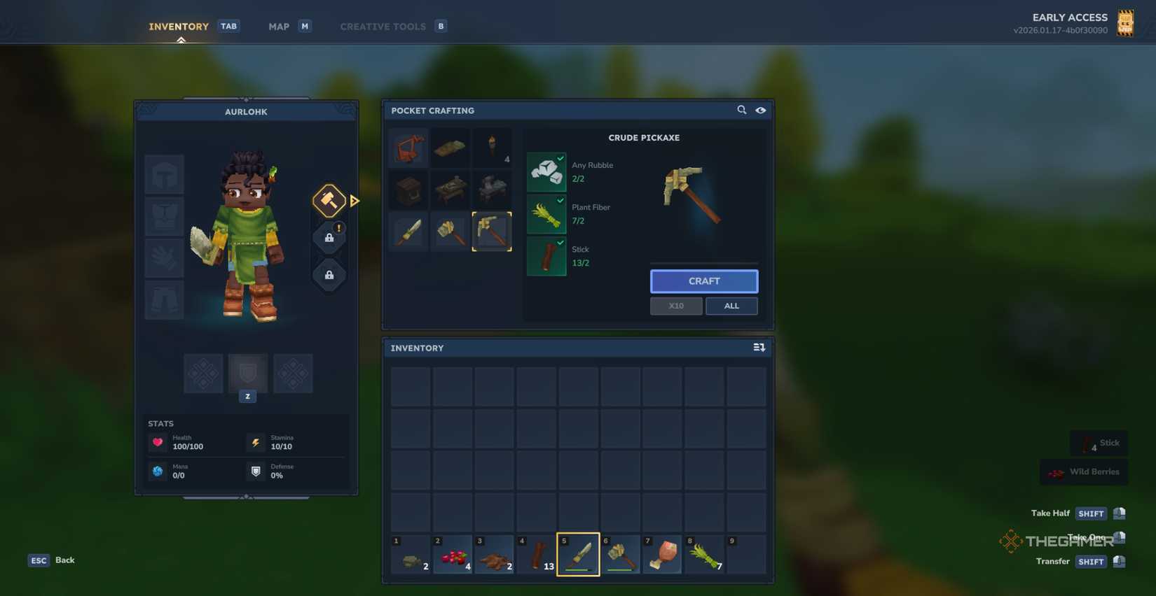 Player character crafting a Crude Pickaxe from the crafting panel in their inventory in Hytale.