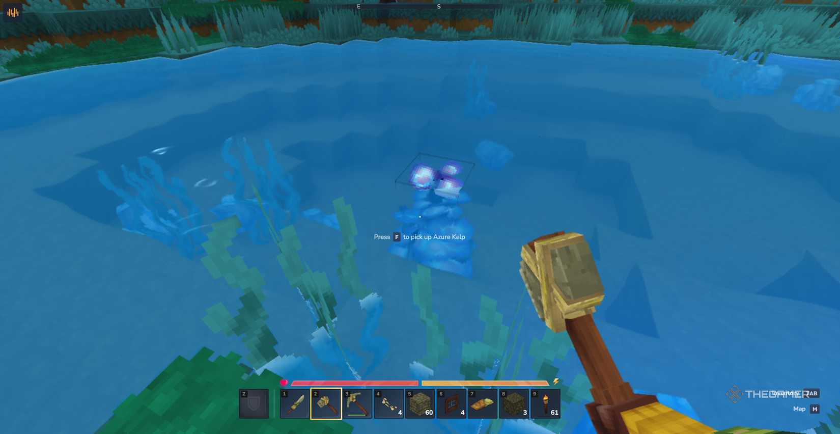 Player character about to pick up some Azure Kelp from a pond in the Azure Forest in Hytale.