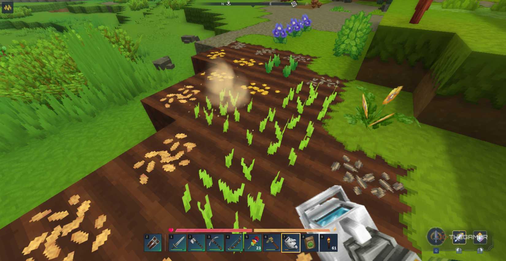 Player character using a Watering Can to water Wheat and Lettuce Seeds in Hytale.