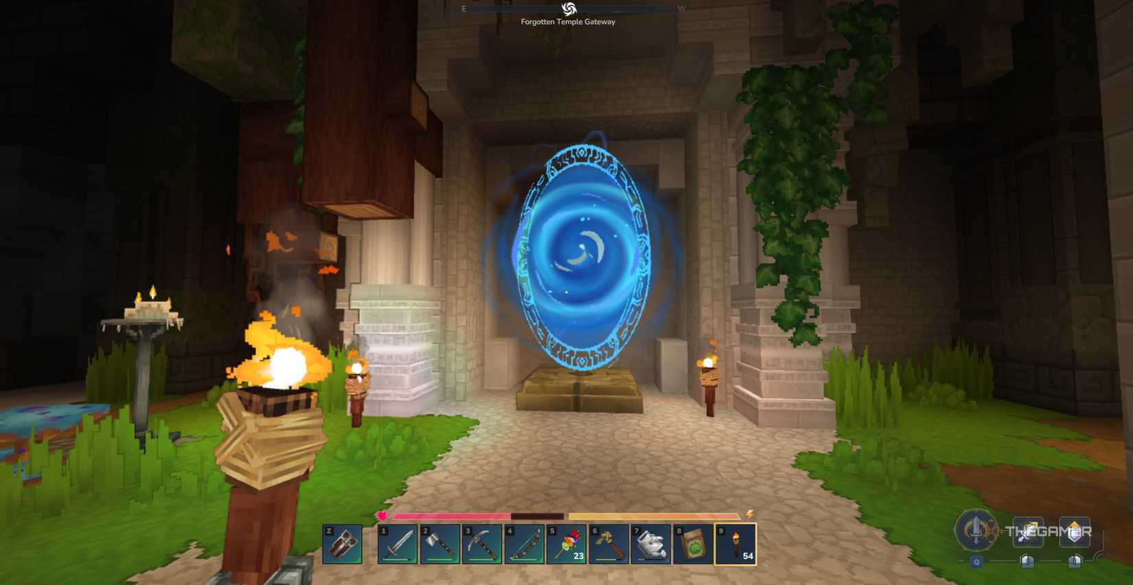 Player character holding a torch in front of a Blue Portal lit up by other torches and by pillars in Hytale.