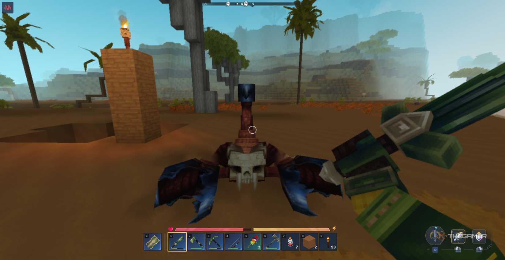 Player character fighting a Scorpion enemy with a Thorium Sword in the Golden Steppes in Hytale.