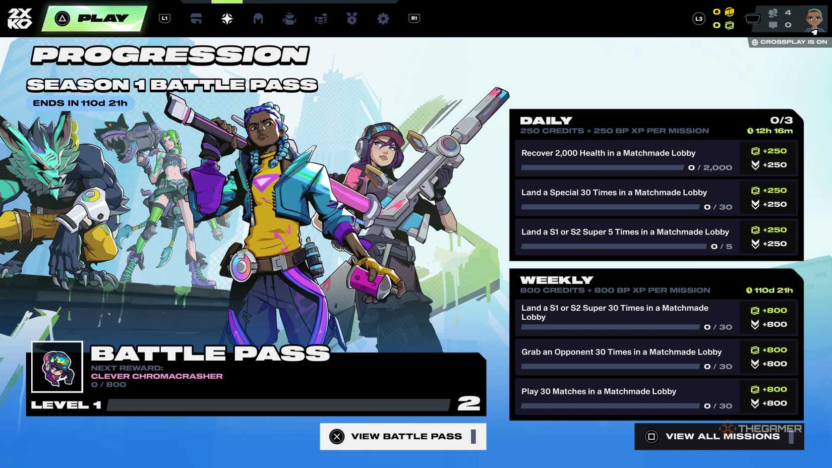 Daily and weekly Battle Pass objectives in 2XKO on the Battle Pass screen.