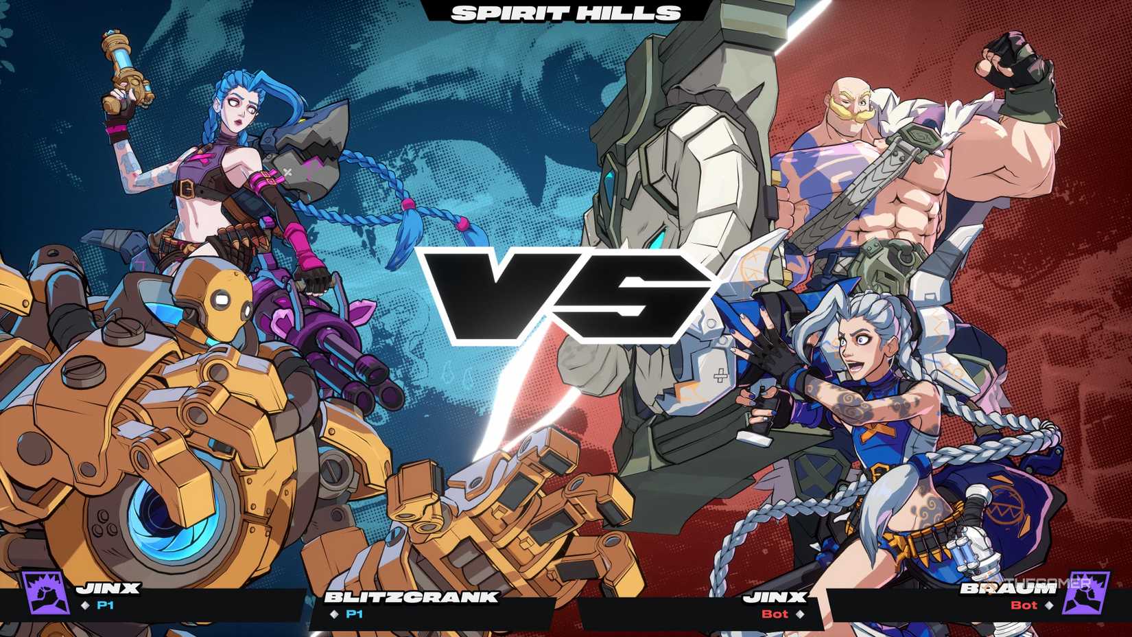 Jinx vs Bltizcrank and Braum in a 2XKO.