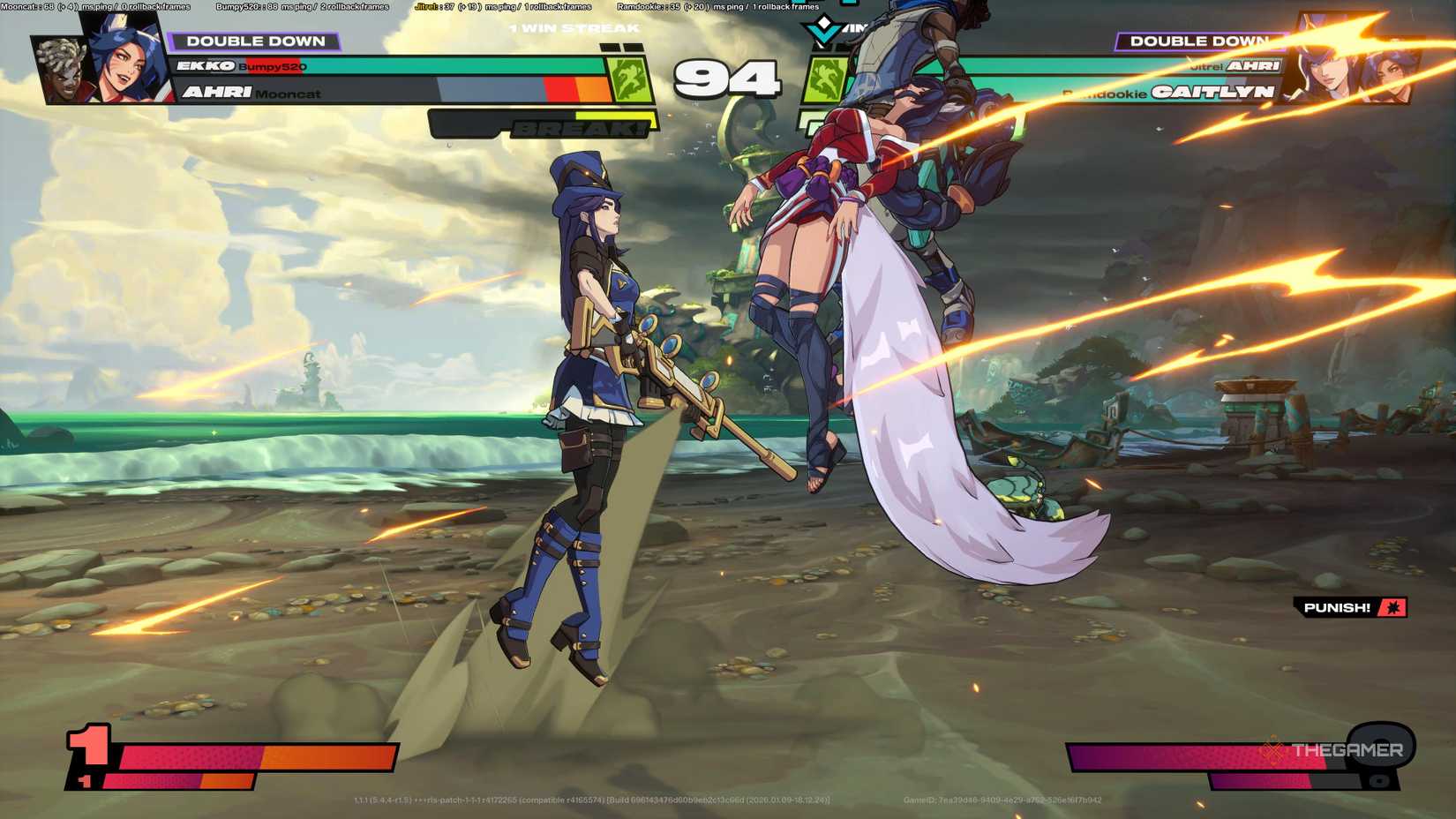 Caitlyn defeats Ahri and Ekko in a 2XKO online match.