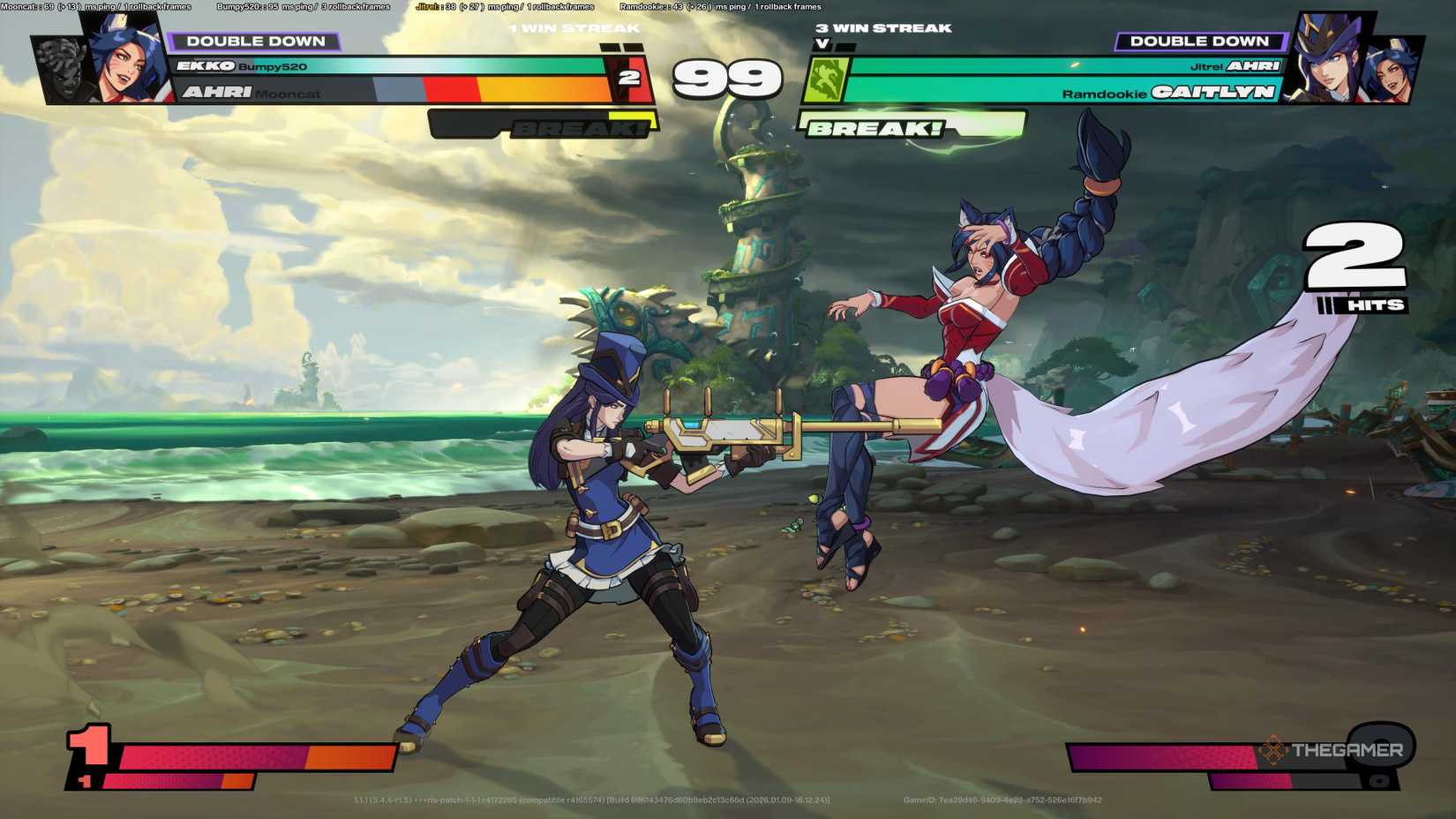 The assist bar is on cooldown while Caitlyn fights Ahri in a 2XKO.