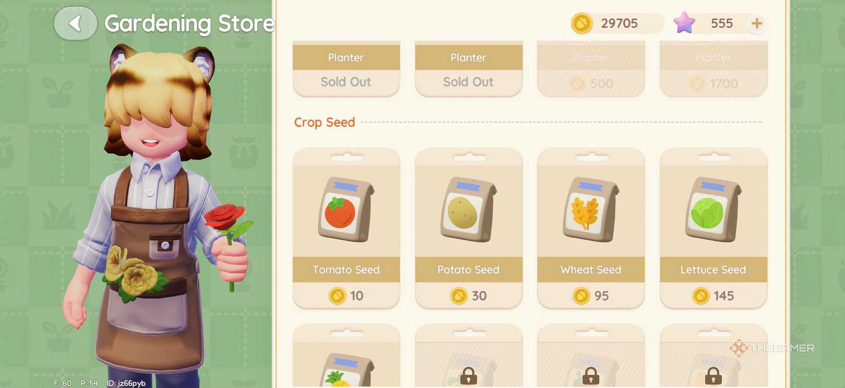 Blanc's Gardening Store shop menu in Heartopia. 
