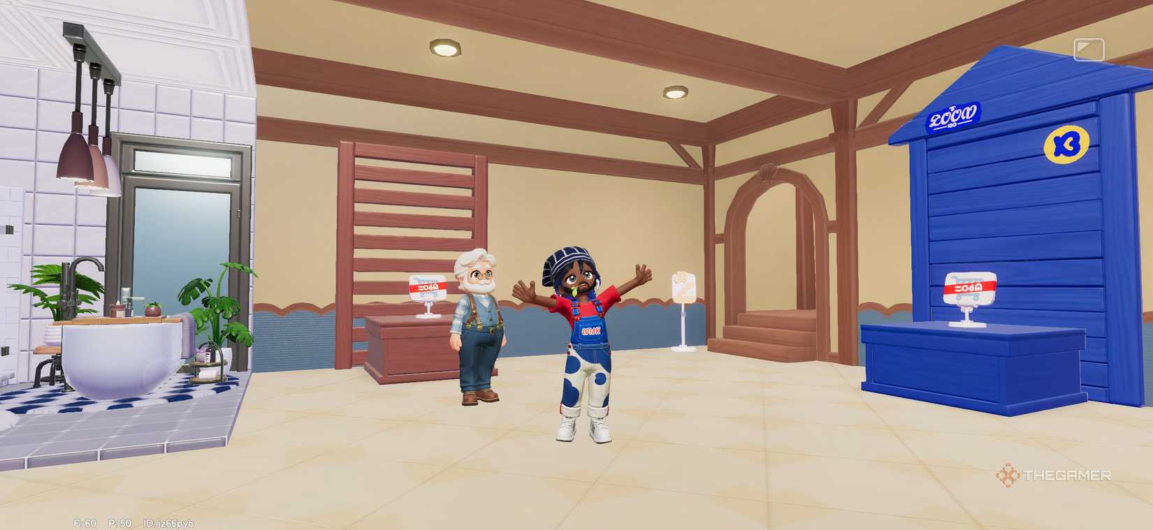 The player in the furniture shop waving to Bob in Heartopia.