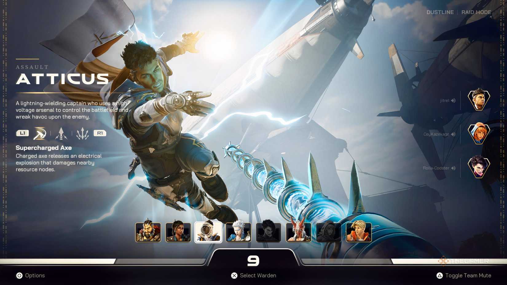 Atticus at the warden selection screen in Highguard.