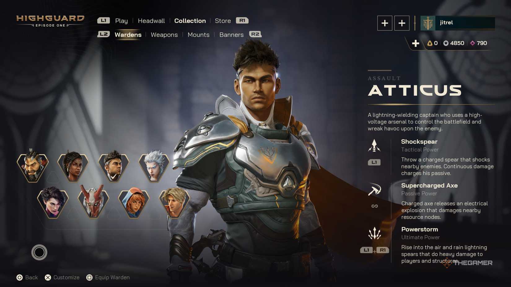 A page showcasing Warden Atticus' abilities at Highguard.