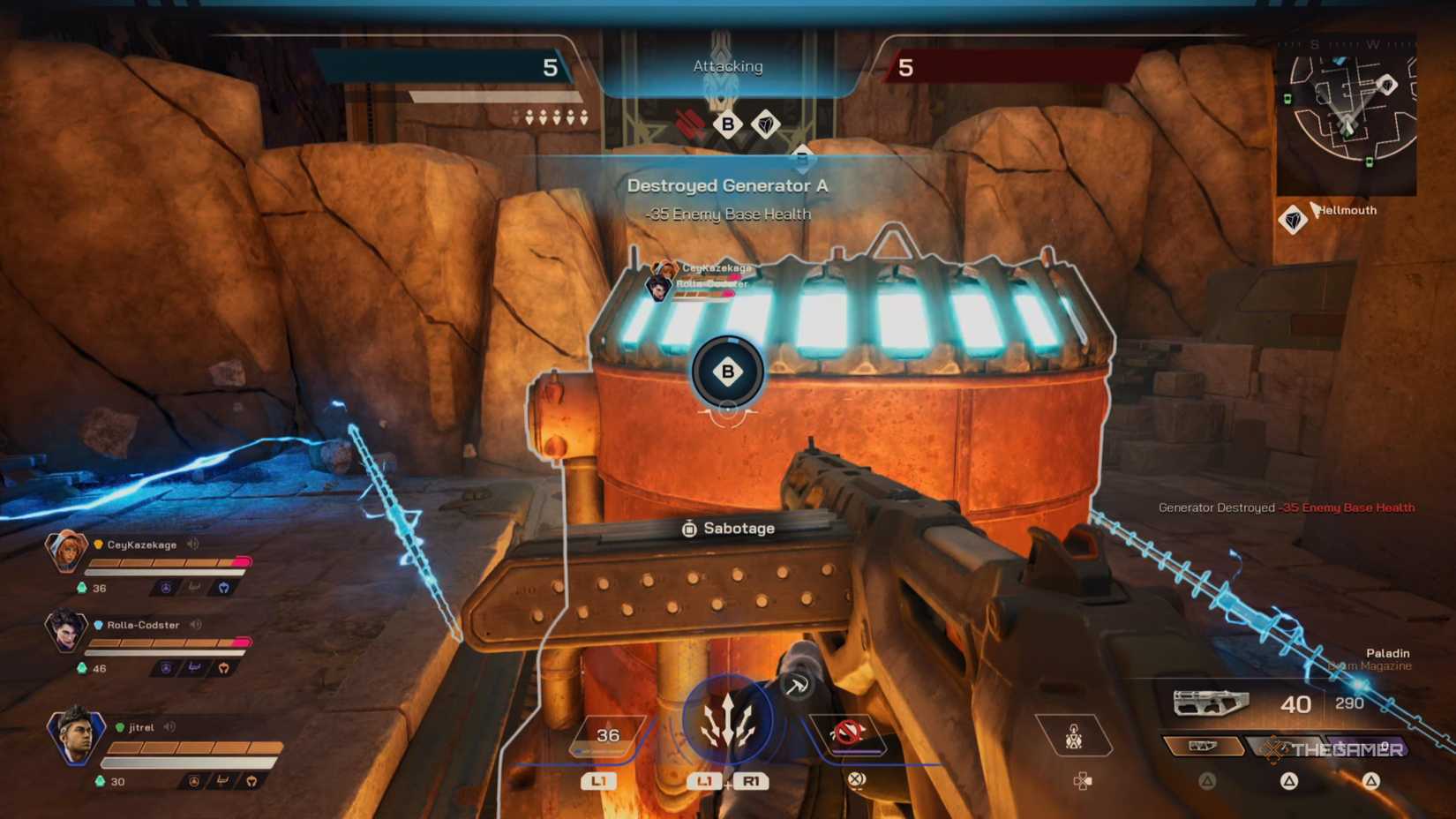 Destroying the generator surrounded by Shakespeare in Highguard.