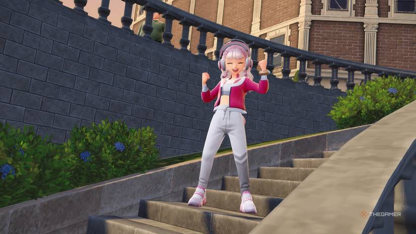 Player standing on steps in an athletic outfit in Pokemon Legends: Z-A.