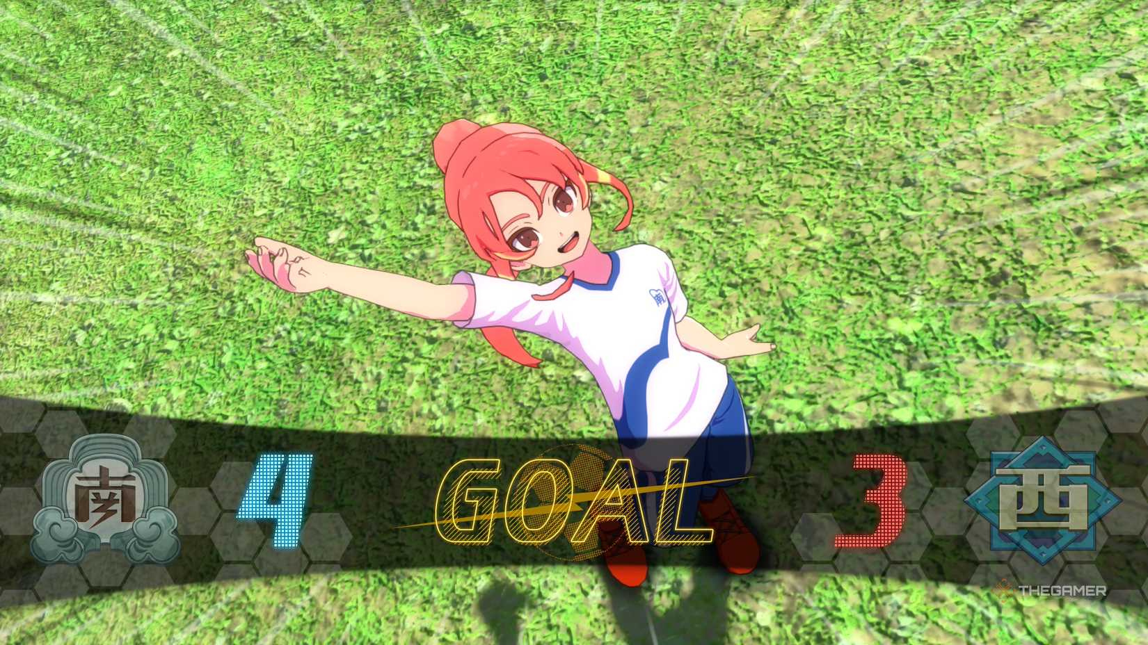 Raika celebrating a goal in Inazuma Eleven: Victory Road.