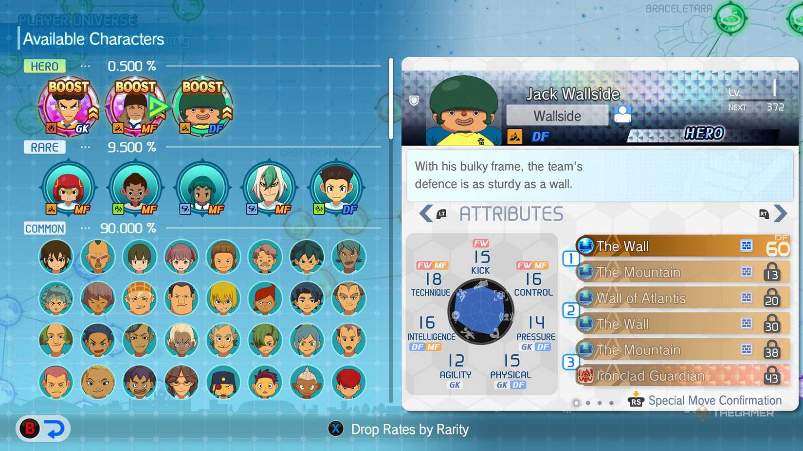 Jack Wallside's base stats in Inazuma Eleven: Victory Road.