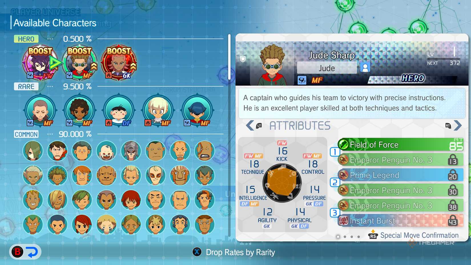 Jude Sharp's base stats in Inazuma Eleven: Victory Road.